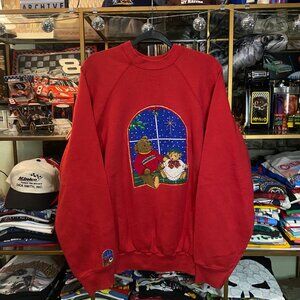 Vintage 90s Cute Teddy Bears Snowfall Christmas Sweater Crewneck Red XL